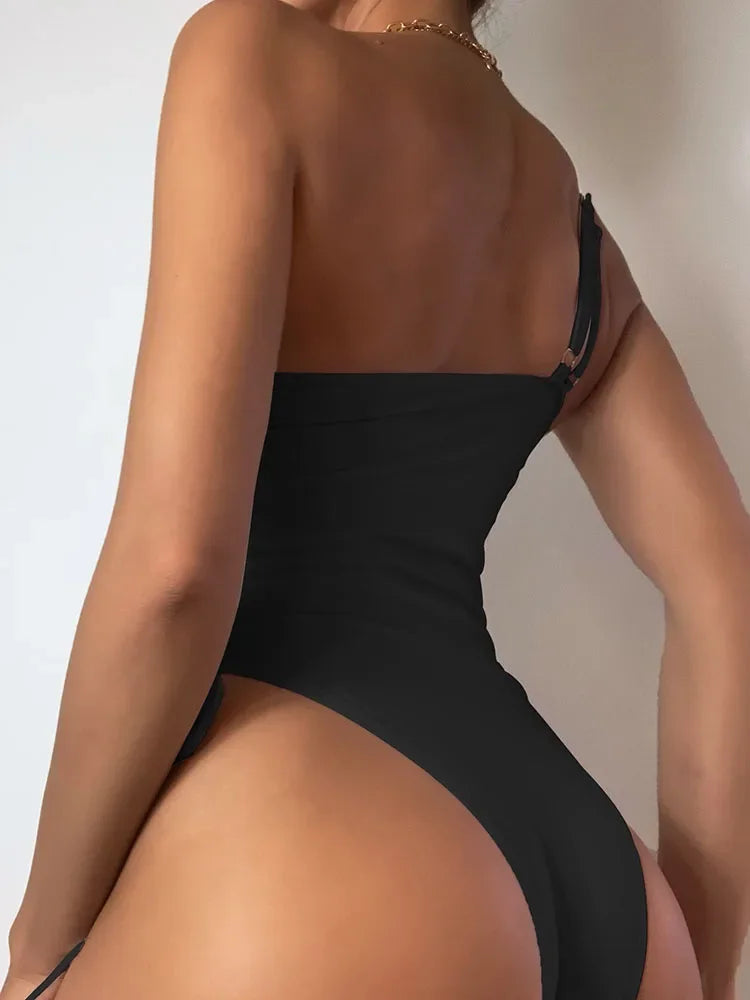 Fashion Solid Deep V Neck One Piece Swimsuit Women Yellow White Hollow Out Pleate Swimwear Beach Bandage Bathing Suit Monokini