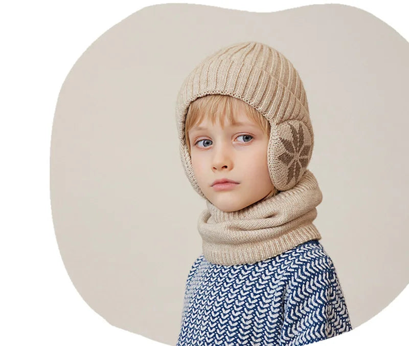 2Pcs Knitted Children Winter Hat Scarf Fleece Lining Ears Protection Kids Beanie Hats Neck Warmer Warm Child Boy Cap 4-10Y