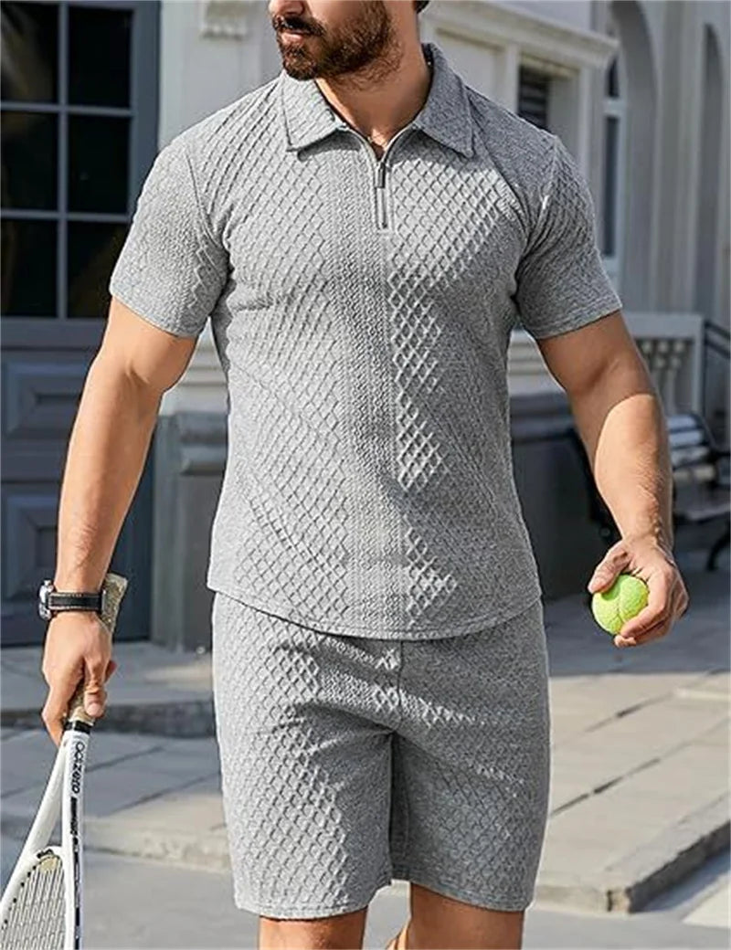 2025 New Men Suit Fashion Men's Summer Jacquard Half Zip Short Sleeve Polo Shirt+Shorts 2 PCS Sets Men Casual Sports Suit