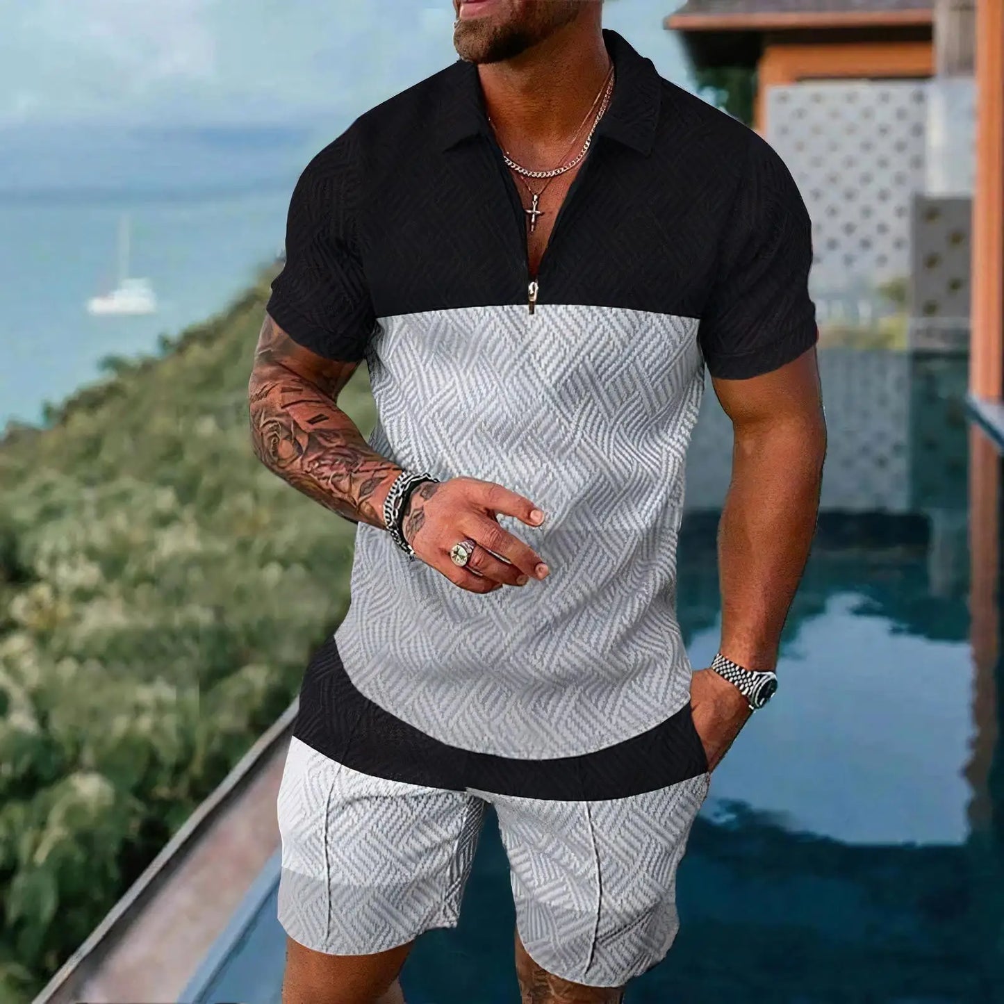 White Plaid Graphic Men's Polo Shirt Sets Casual Zipper Shirts+Shorts Sportswear Golf Stand Collar Tops Suits Male Clothing