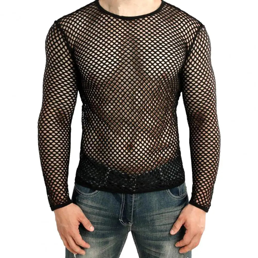 Men Club Top See-through Hollow Out Fishnet O Neck Short Sleeve Loose Thin Pullover Hip Hop Streetwear Men T-shirt