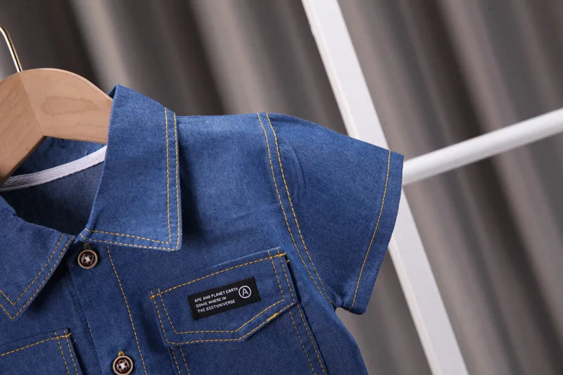 Summer new shirt 2024 boys lapel short-sleeved suit kidsren's clothing kidsren's workwear casual pants shirt two-piece set