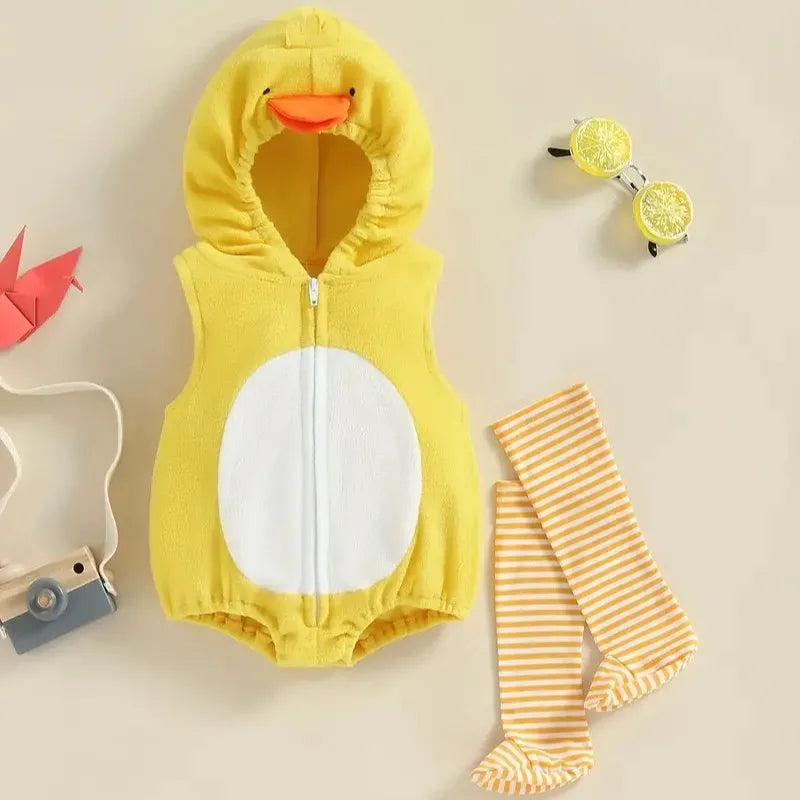 Umorden 0-18M Unisex Baby Yellow Little Chick Costume Hoodie Bodysuit Romper Stocking 2pcs/set Sleeveless Halloween Purim
