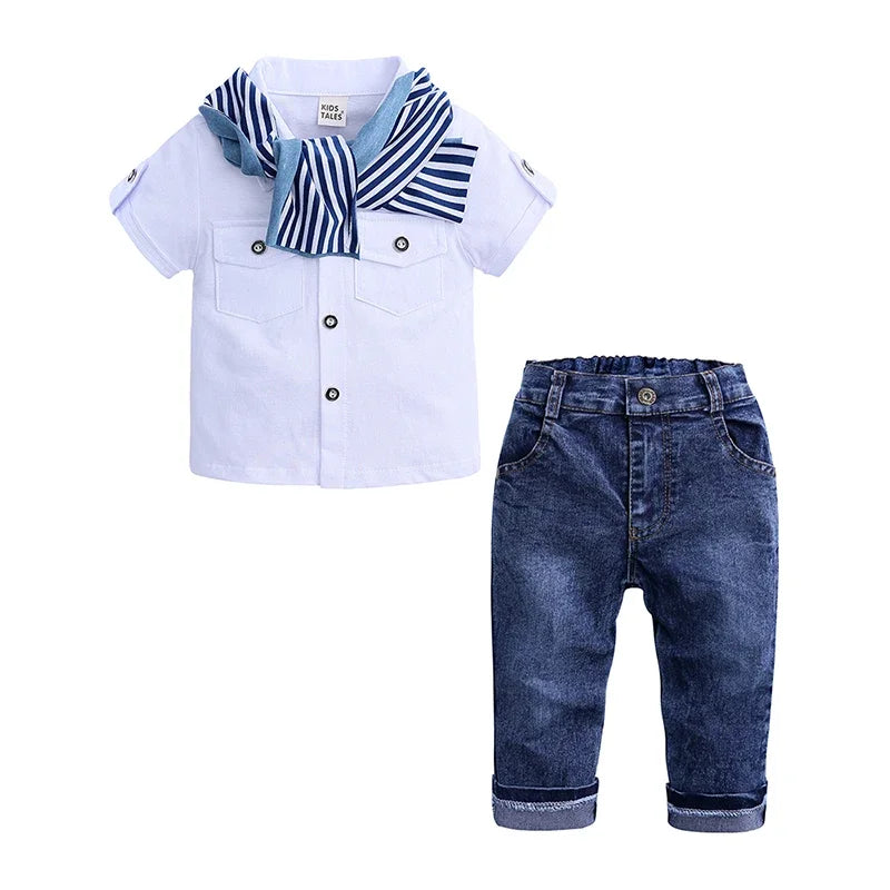 2024 Summer Boys Outfits Set 3Pcs Kids Random Cool Clothes Toddler T-Shirt + Jeans + Scarf Fashion Suits Children's Clothing Set