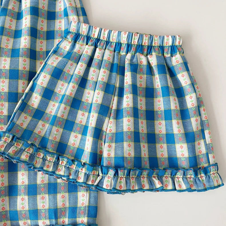 Children's Clothing Sets Blue Plaid Floral Print Sleeveless Top + Wide Leg Pants + Shorts 3 Pcs Sets Kids Clothes for Girls