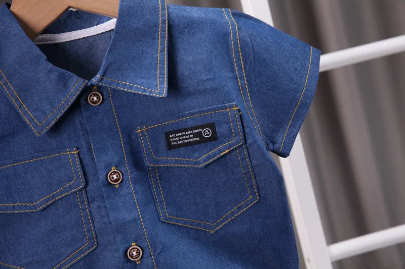 Summer new shirt 2024 boys lapel short-sleeved suit kidsren's clothing kidsren's workwear casual pants shirt two-piece set