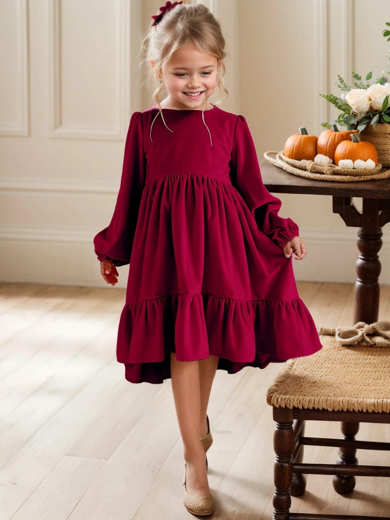New 7-12 years Girls Spring Autumn Winter Velvet Long Sleeve Ruffle Hem Dress Princess Kids Party Dressess Children Clothing