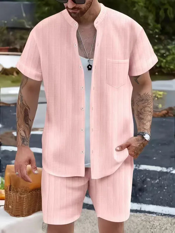 Spring/summer solid color Henry collar pocket suit for men. Shirt casual short sleeve shorts beach loose fashion suit
