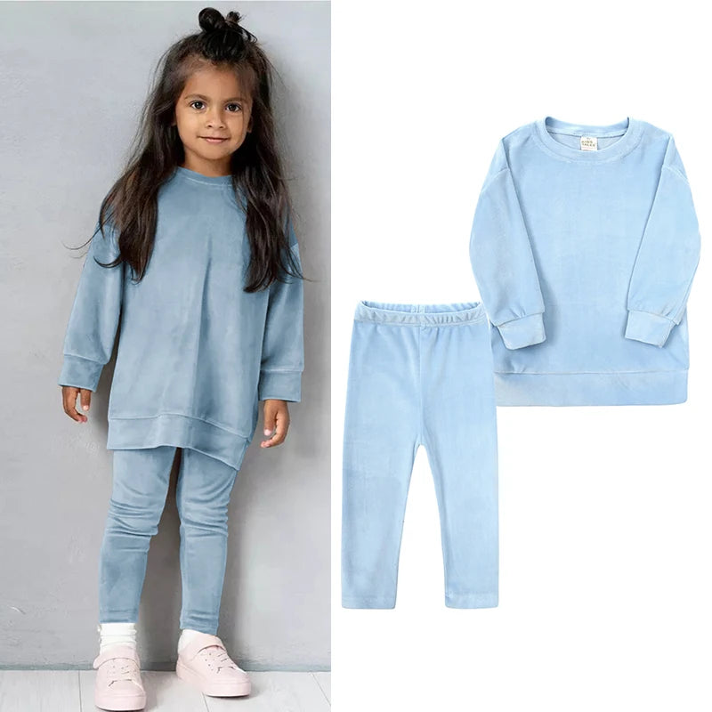 2024 Spring Kids Girl Velvet Suit Long Sleeve Pants Solid Clothes For Infant Toddler Boy Pullover Sweatshirt Set Teenage Outfits