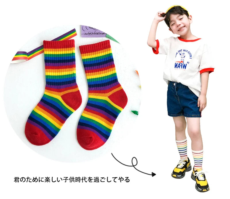Fashion Rainbow Socks for Kids Spring Summer Colourful Stripe Breathable Cotton Girls Boys Tube Socks School Long Socks 1-8 Year