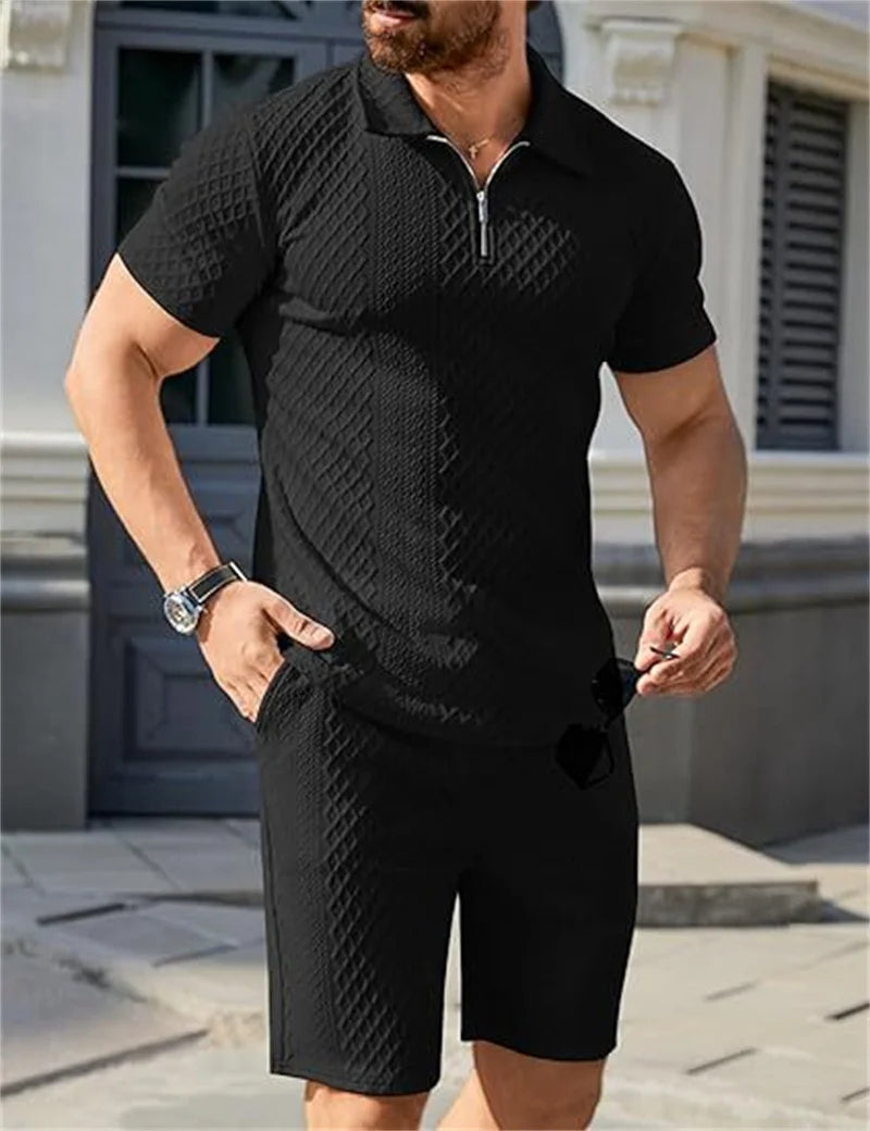 2025 New Men Suit Fashion Men's Summer Jacquard Half Zip Short Sleeve Polo Shirt+Shorts 2 PCS Sets Men Casual Sports Suit