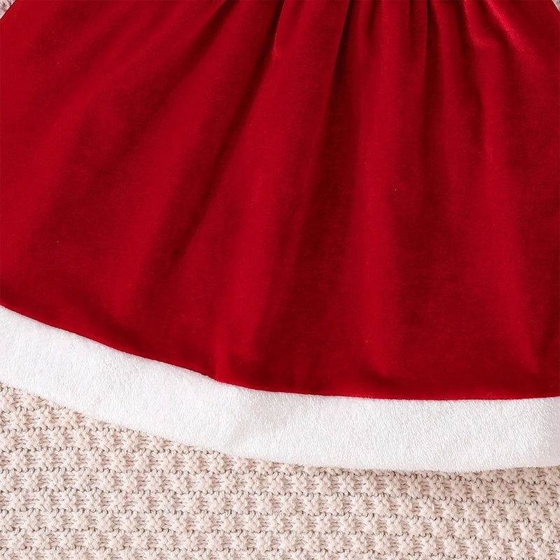Girls Christmas Outfit Set with Santa Terry Trim Sleeveless A-Line Dress and Hooded Cloak - Festive Holiday Clothing for Kids