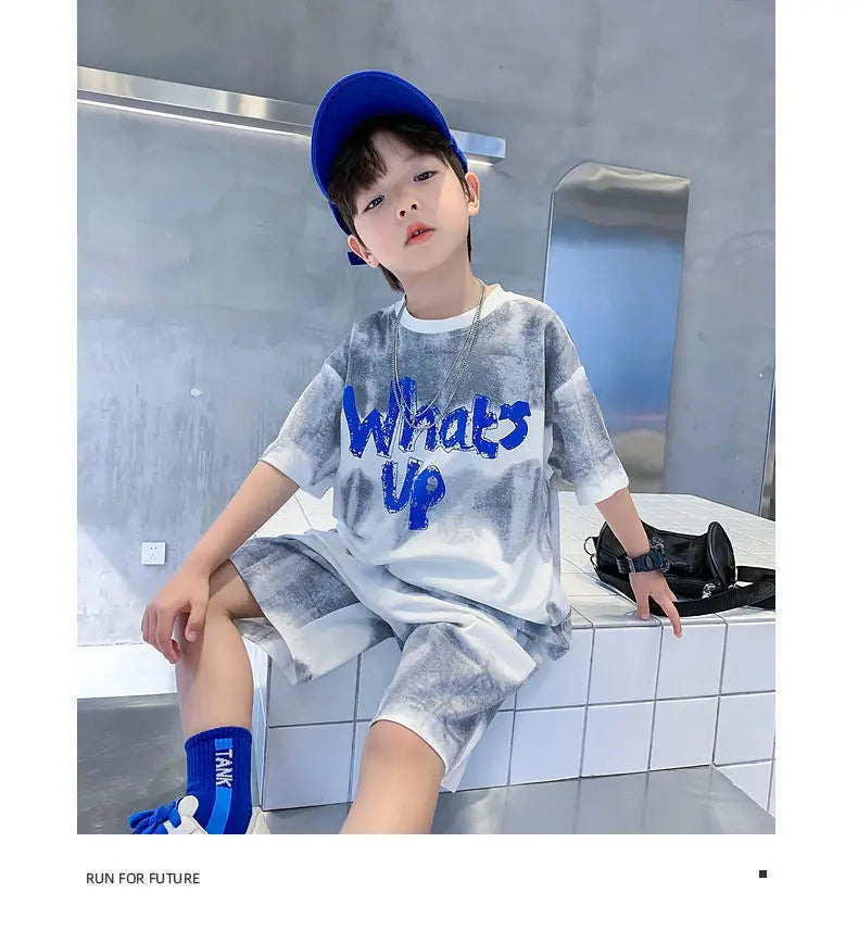 2024 New Boy Summer Quick dry Suit Children Streetwear what's up Short Sleeve TShirt + Shorts Two piece Sports Set Loose Outfits