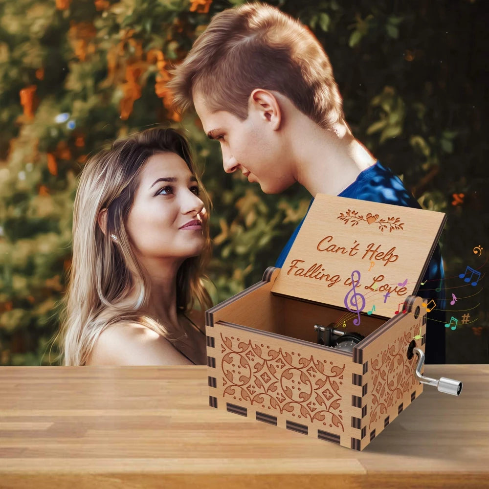 Wooden Hand-Cranked Music Box Vintage Engraving Music Box Can't Help Falling in Love Valentines Day Gift Birthday Presents