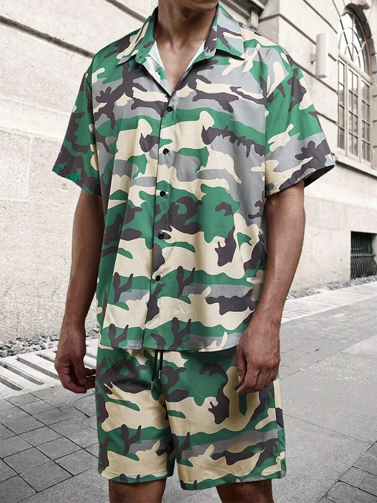 Hawaii Shirt Set Mens Yellow Duck Print Fashion Pattern Summer Fashion Casual Daily Large Button Down Shirt Shorts Two Piece Set