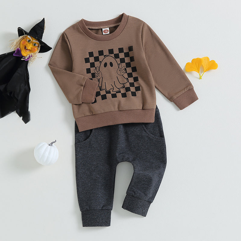 2023-05-25 Lioraitiin 0-3Years Boys 2Pcs Fall Outfits Checkerboard Ghost Print Crew Neck Long Sleeve Sweatshirts Long Pants