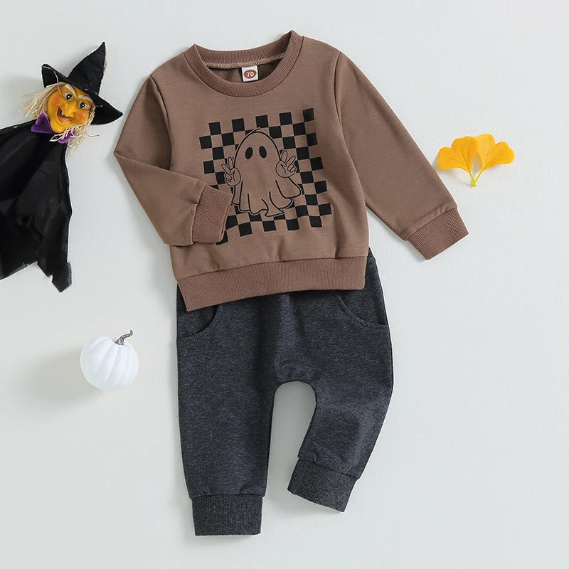 2023-05-25 Lioraitiin 0-3Years Boys 2Pcs Fall Outfits Checkerboard Ghost Print Crew Neck Long Sleeve Sweatshirts Long Pants