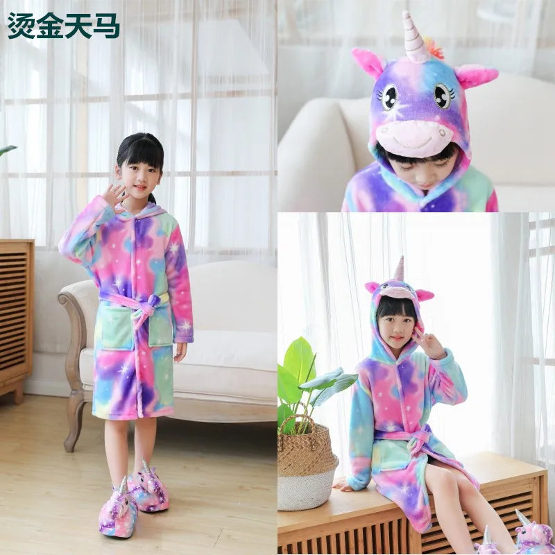 Boys Girls Hooded Bathrobe Toddler Unicorn Anime Cartoon Towel Beach Children's Sleepwear Baby Kids Bath Robes Pyjamas Nightgown