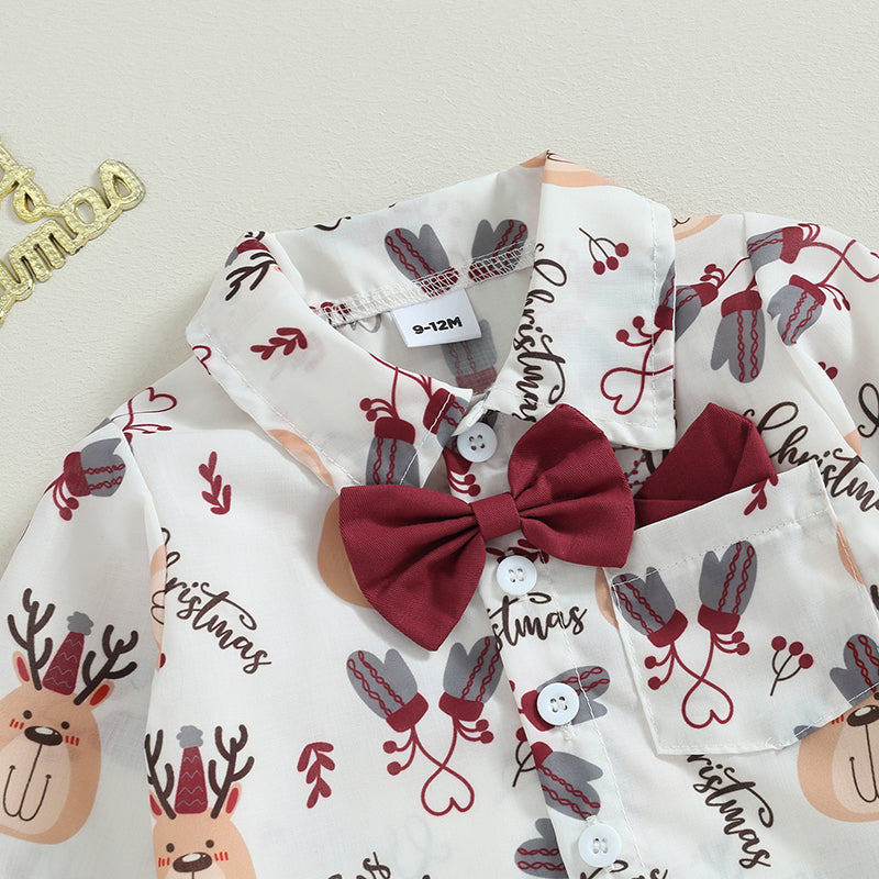 0-24M Baby Boys Formal Suit for Christmas Infant Long Sleeve Santa Print Shirts with Bow-tie + Suspender Pants Gentleman Set