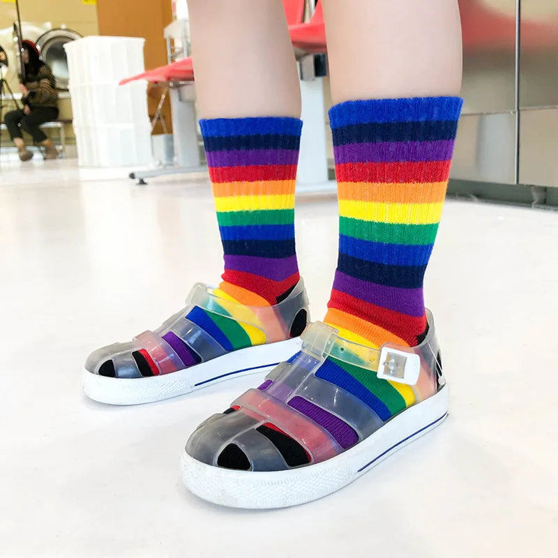 Fashion Rainbow Socks for Kids Spring Summer Colourful Stripe Breathable Cotton Girls Boys Tube Socks School Long Socks 1-8 Year