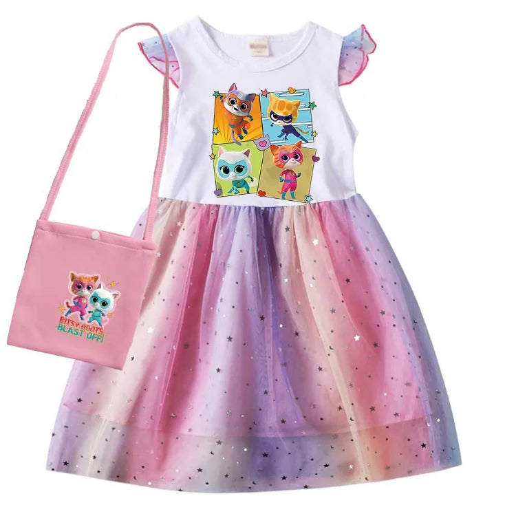 children SuperKitties Costume kids Cosplay Super Kitties clothes for Girls Flying Sleeves A-Line Dress with Bag and Headband