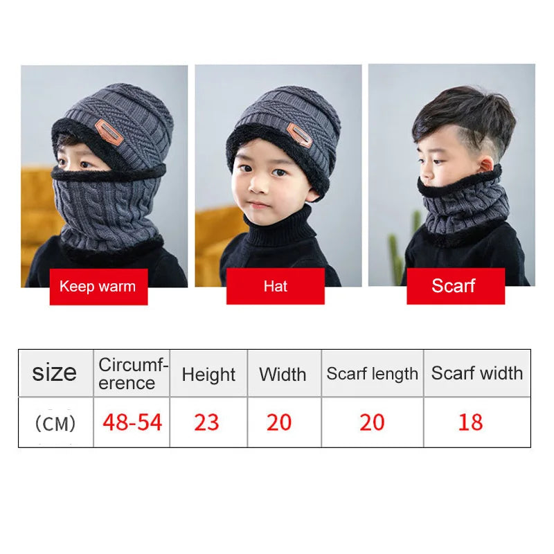 1Pcs Hat Scarf Set Kids Bean Knitted Scarf Cap Children Autumn Winter Fleece Warm Knitted Scarf Hat for Boys Girls