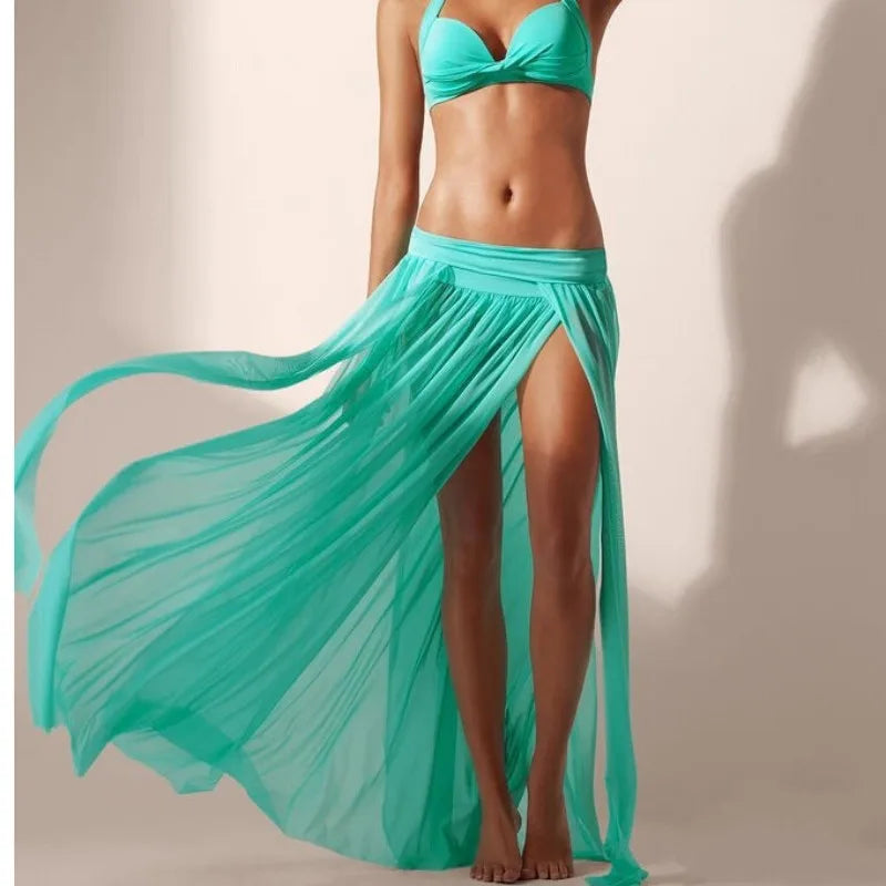 2024 New 5 colors Solid Beach Dress for Women Mesh Bikini Cover Ups Open Side Sarong Swim Dresses Free Size Playa Skirt Sarong