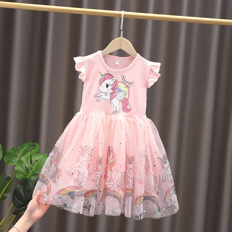 2024 New Girls Clothes Summer Princess Dresses Short Sleeve Cotton Kids Dress Unicorn Party Girls Dresses Children Clothing 3-8Y