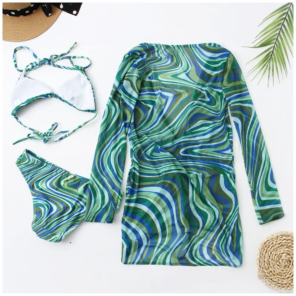 3 Pack Bikini Swimsuit With Shirt Cover Up Sets Women Halter Three Pieces Printed Lace Up Triangle Ruched Mesh Swimwear