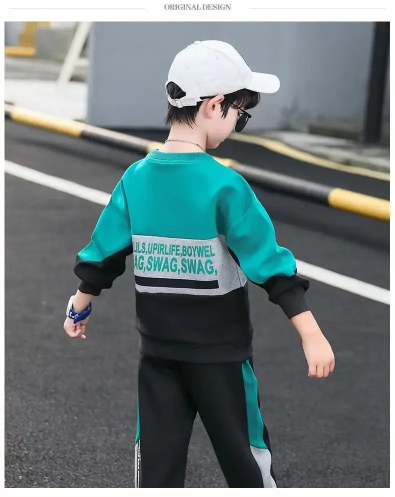 2024 autumn winter Boys Tracksuit velvet Children patchwork letters Cotton T-Shirt + Pants Suit Clothes children Set 12 14 Y