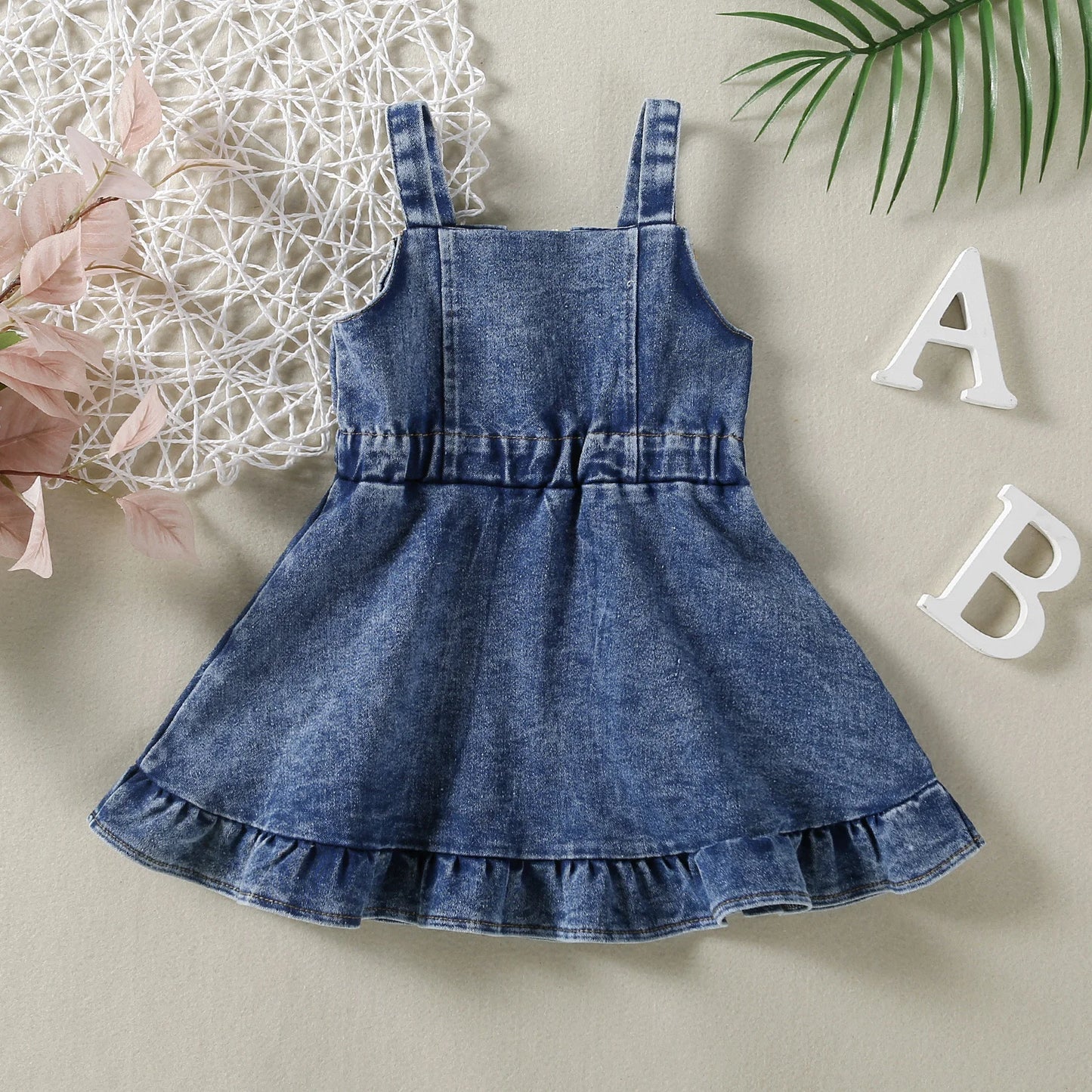FOCUSNORM 0-4Y Summer Lovely Kids Girls Denim Dress Ruffles Sleeveless Strap Button A-Line Sundress Holiday Clothing