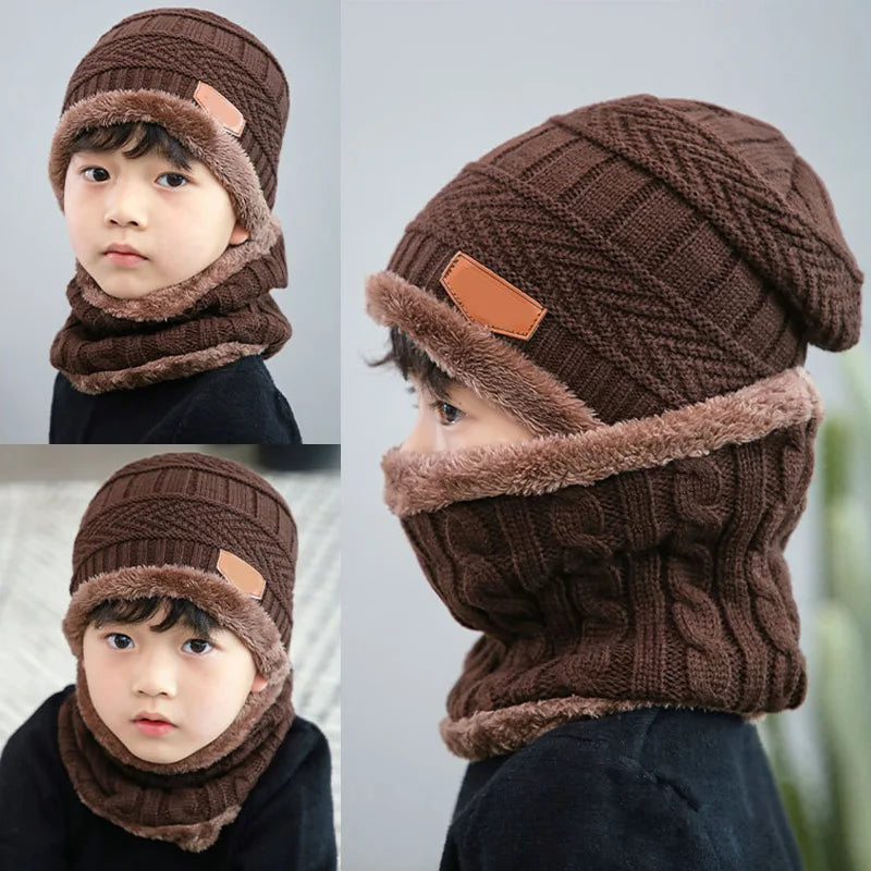 1Pcs Hat Scarf Set Kids Bean Knitted Scarf Cap Children Autumn Winter Fleece Warm Knitted Scarf Hat for Boys Girls