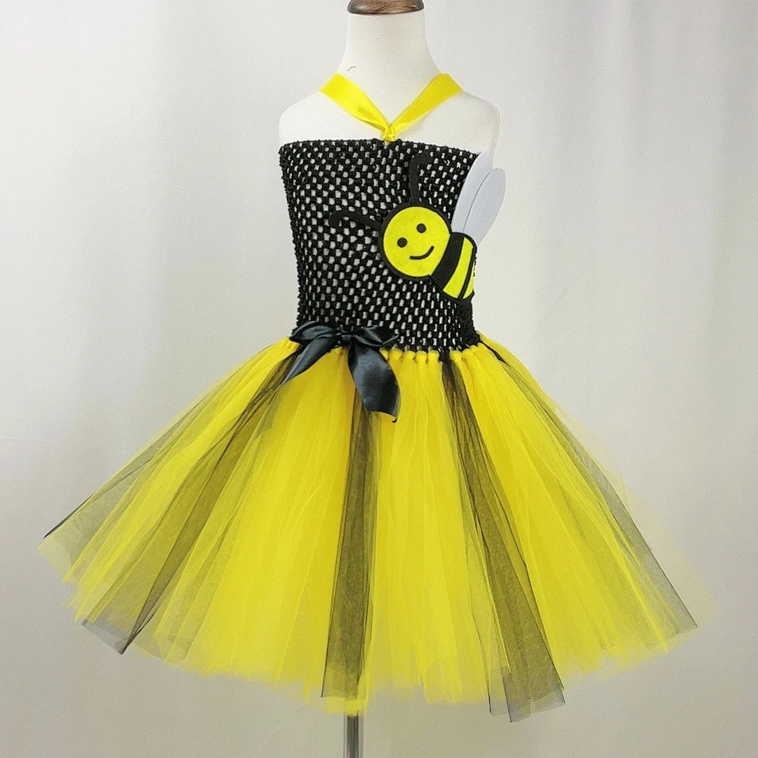 Bumble Bee Tutu Dress for Baby Girls Birthday Outfit Halloween Costume for Kids Honeybee Cosplay Dresses with Wing Headband Set