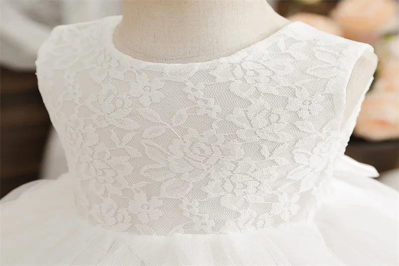 Flower Girl Dresses for Wedding Kids Lace Backless Tulle Tutu Princess Prom Party Clothes Baby 1st Birthday Baptism White Dress