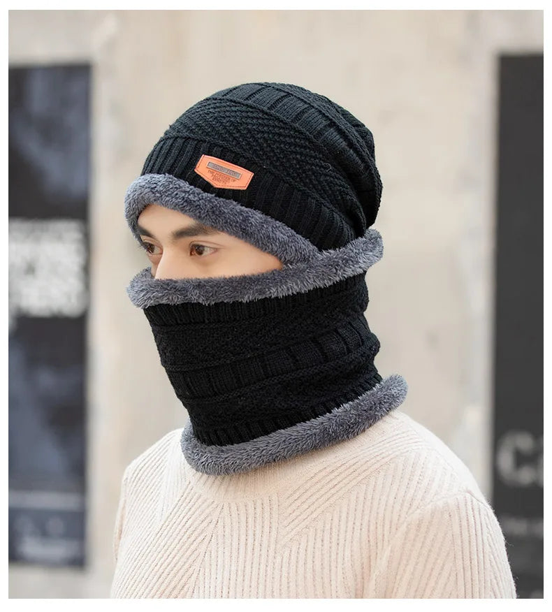 Winter Beanie Hat For Men Fleece Scarf Women Knitted Hat Warm Cap Thick Wool Neck Warmer Scarf Balaclava Mask Skullies Beanies