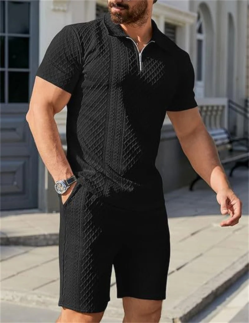 2025 New Men Suit Fashion Men's Summer Jacquard Half Zip Short Sleeve Polo Shirt+Shorts 2 PCS Sets Men Casual Sports Suit