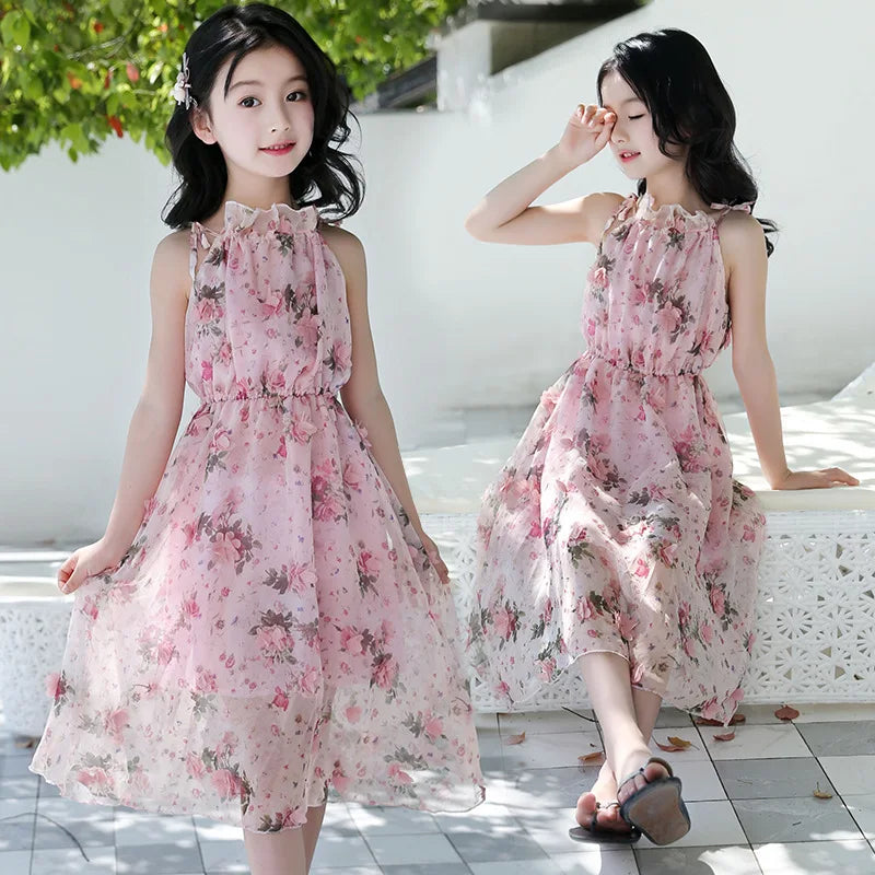 Bohemian Summer Girls Flower Dress Kids Girl Beach Dresses Chiffon Kids Dresses Floral Teenager Girls Clothes 6 8 10 12 14 Year