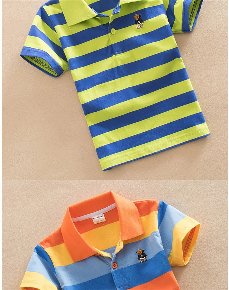 T-shirt For Boys Summer Children Short Sleeve Stripe Tees Cartoon Bear Embroidery Tops Teens Breathable Polo Shirt Kids Clothing