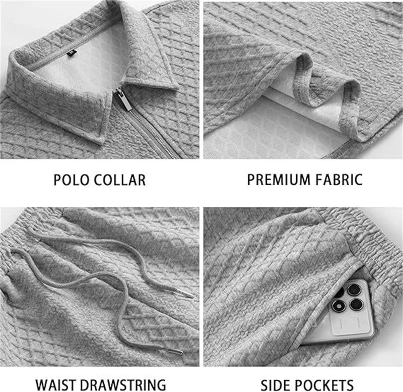 2025 New Men Suit Fashion Men's Summer Jacquard Half Zip Short Sleeve Polo Shirt+Shorts 2 PCS Sets Men Casual Sports Suit