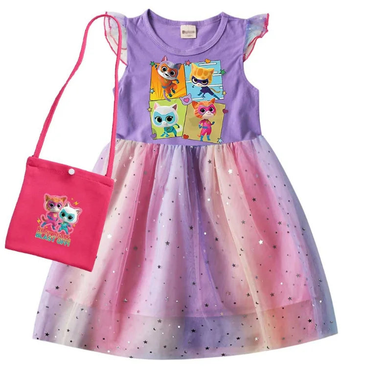 children SuperKitties Costume kids Cosplay Super Kitties clothes for Girls Flying Sleeves A-Line Dress with Bag and Headband