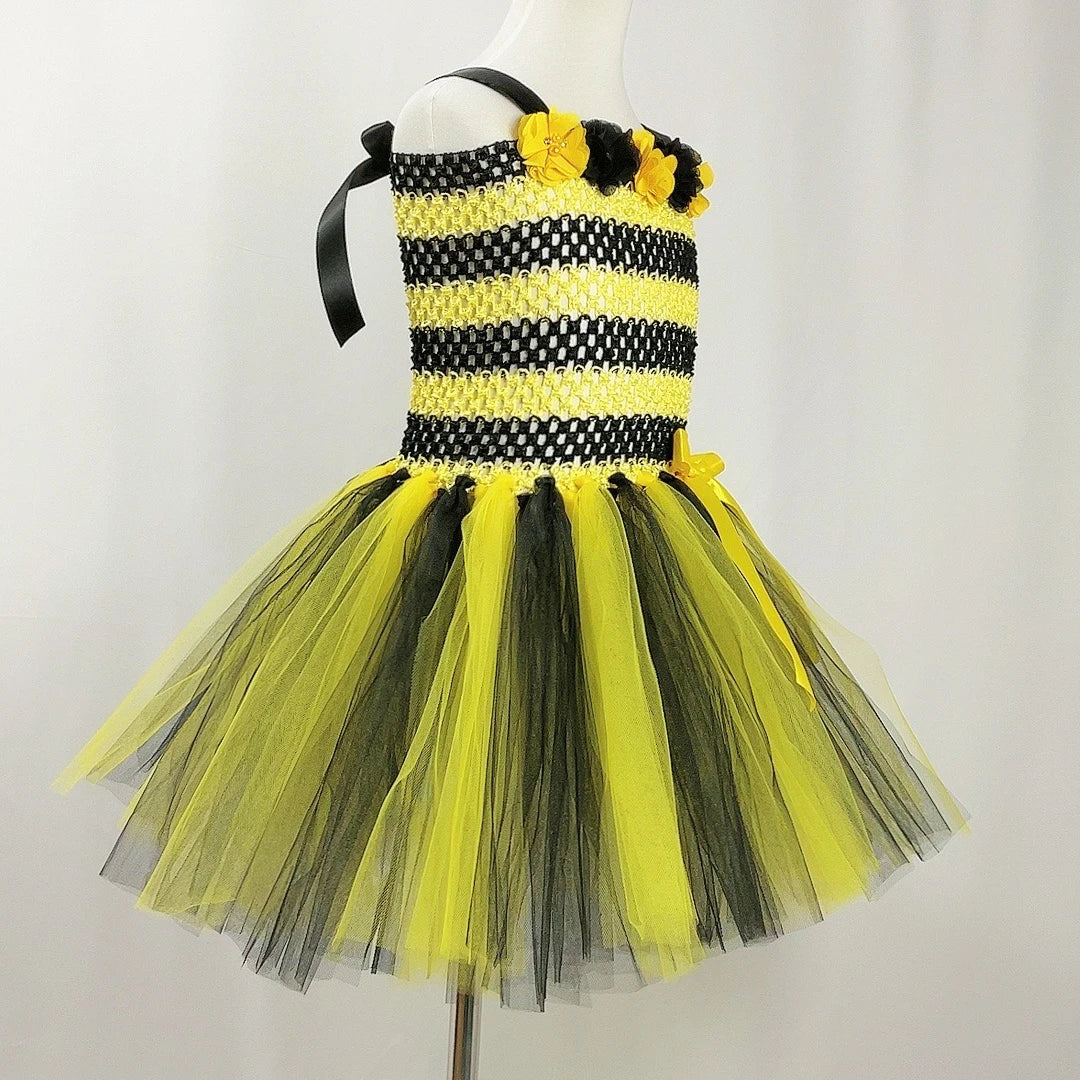 Bumble Bee Tutu Dress for Baby Girls Birthday Outfit Halloween Costume for Kids Honeybee Cosplay Dresses with Wing Headband Set