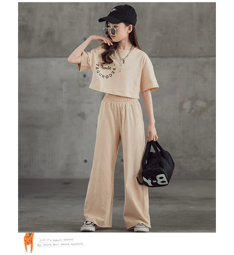 2024 New Spring Summer Teenager Girls Clothing Sets Children Short Tops T Shirt + Pants 2Pcs Kids Tracksuit 5 6 8 10 12 14 Years