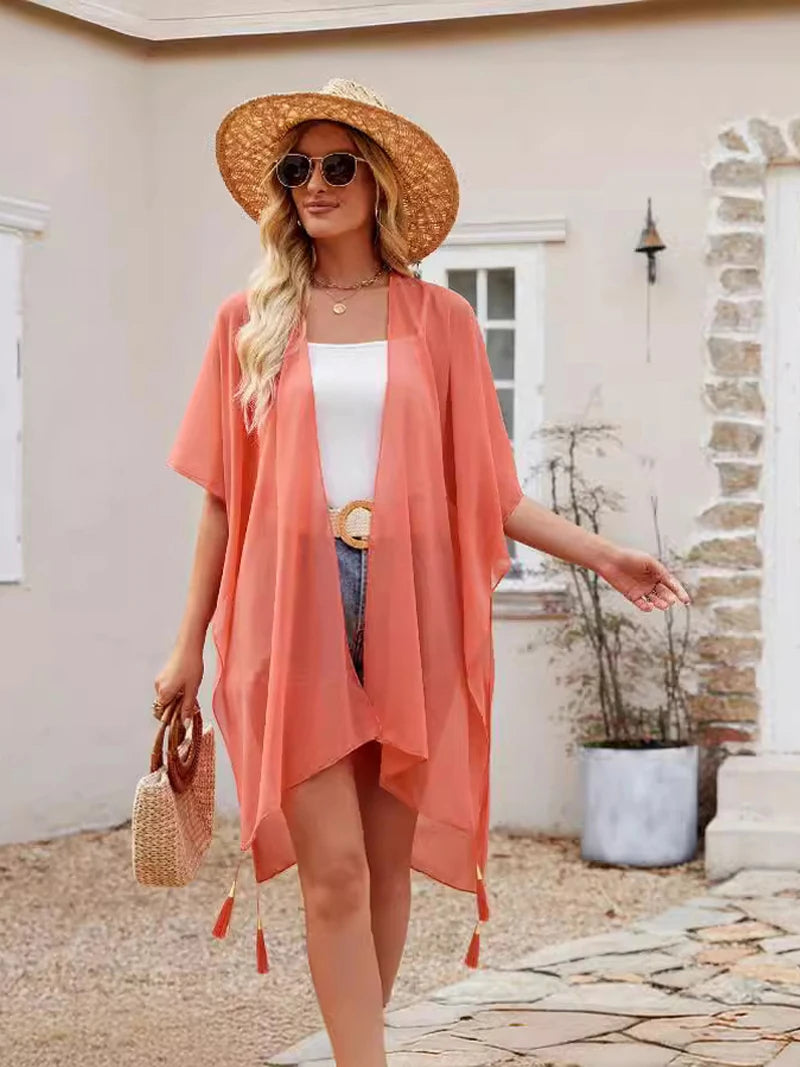 Simple Pure Color Chiffon Beach Bikini Cover Ups Swimwear Women Summer Sun Protection Cardigan Leisure Travel Cape Long