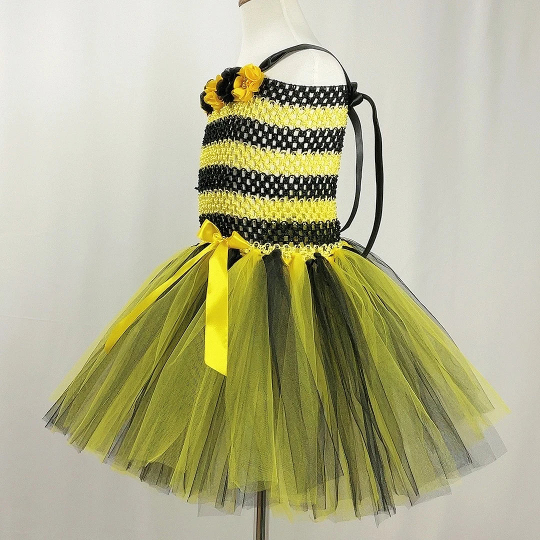 Bumble Bee Tutu Dress for Baby Girls Birthday Outfit Halloween Costume for Kids Honeybee Cosplay Dresses with Wing Headband Set