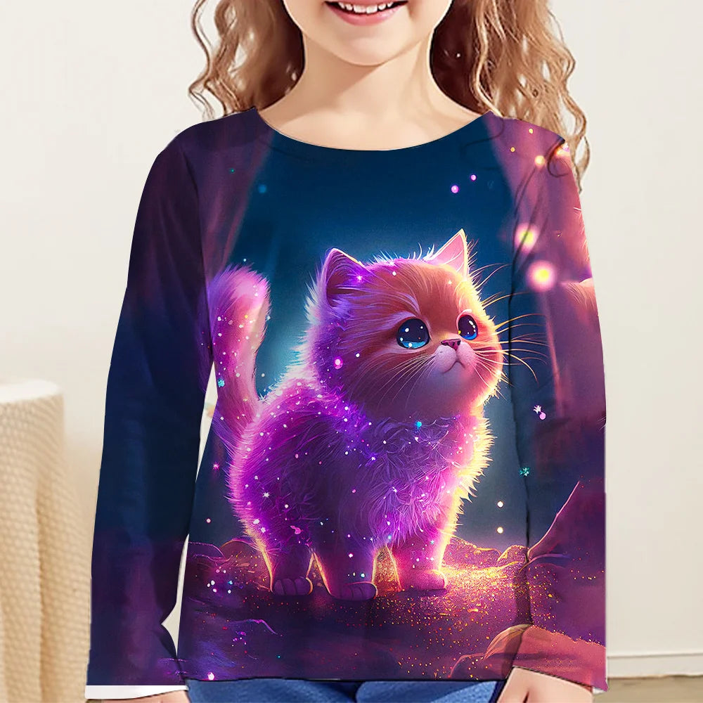 Children Clothes Girl Long Sleeve T-Shirt for Girls 2024 Kids Clothes One Piece Graphic T Shirts Cat Girls Clothes 2 to 8 Years