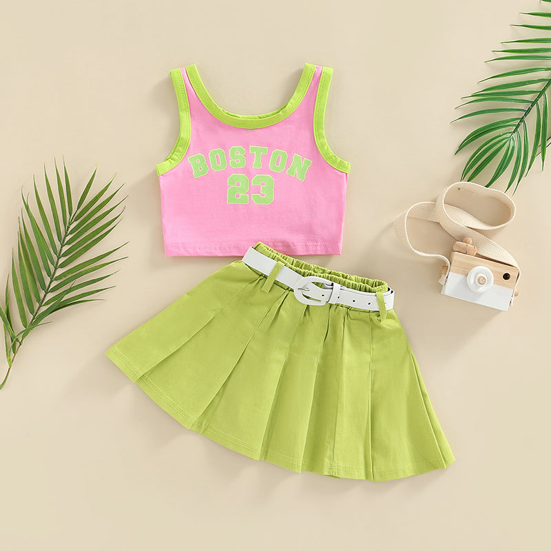 FOCUSNORM 1-6Y Fashion Little Girls Kids Clothes Sets 2pcs Letter Patchwork Sleeveless Causal Vest+Solid Pleated Skirts+Belt