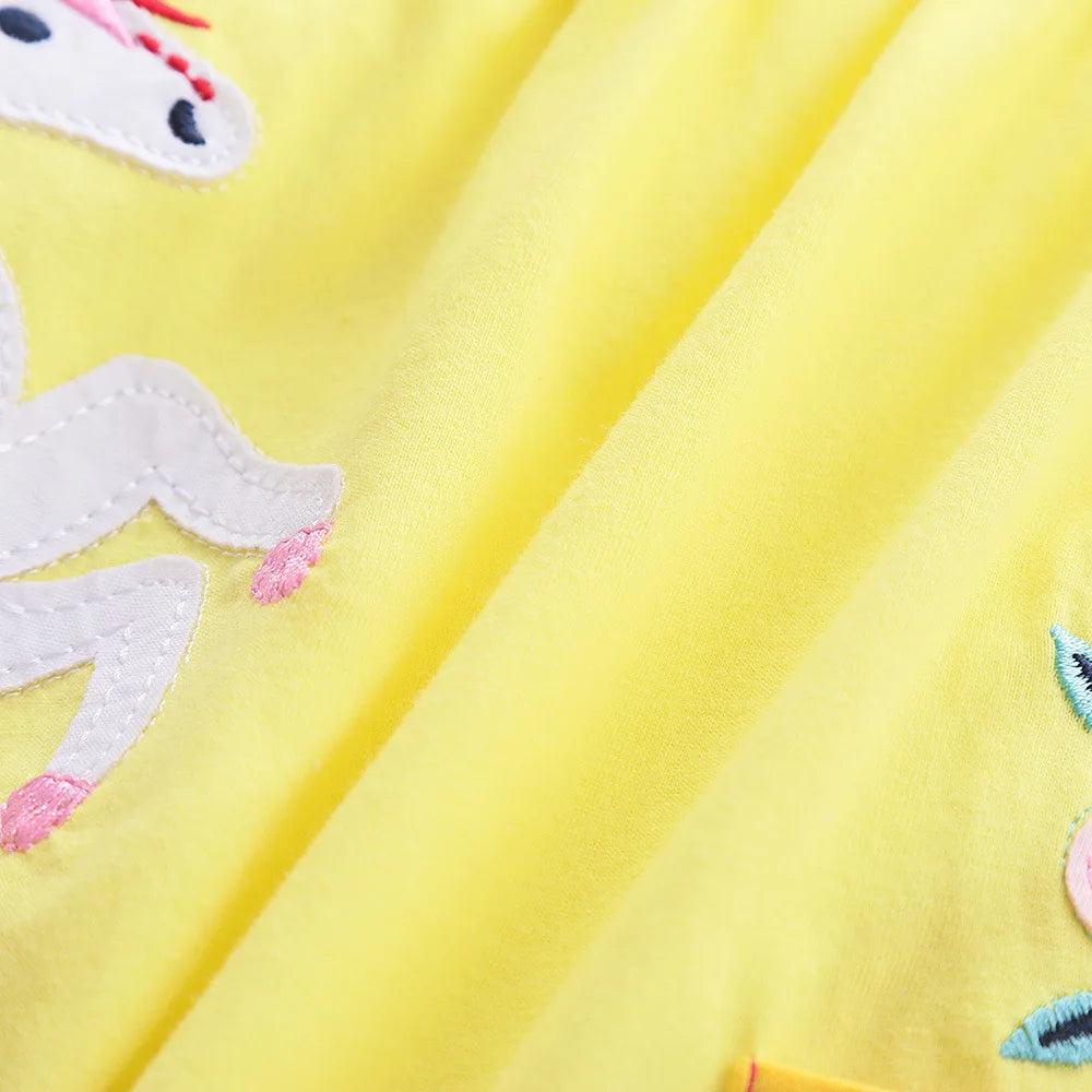 Girls' Long Sleeve Unicorn Dress Autumn Embroidery Two Pockets Rainbow Sleeves 81035