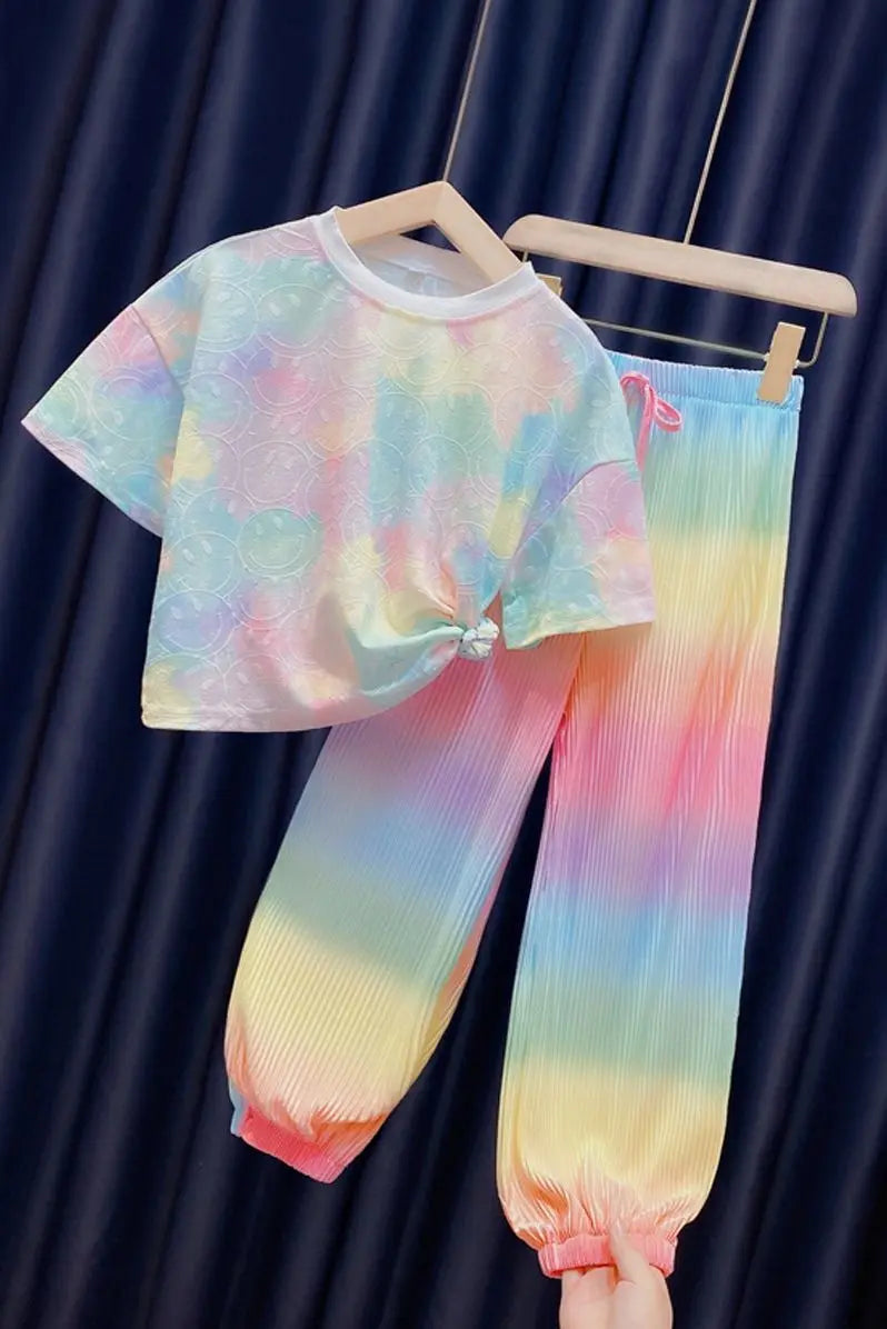 New Fashion Ice Silk Rainbow Gradient Color Loose 2pcs T-shirts+pants Girls 2024 Summer Suits 3-12 Years Kids Tie-dyed Clothing
