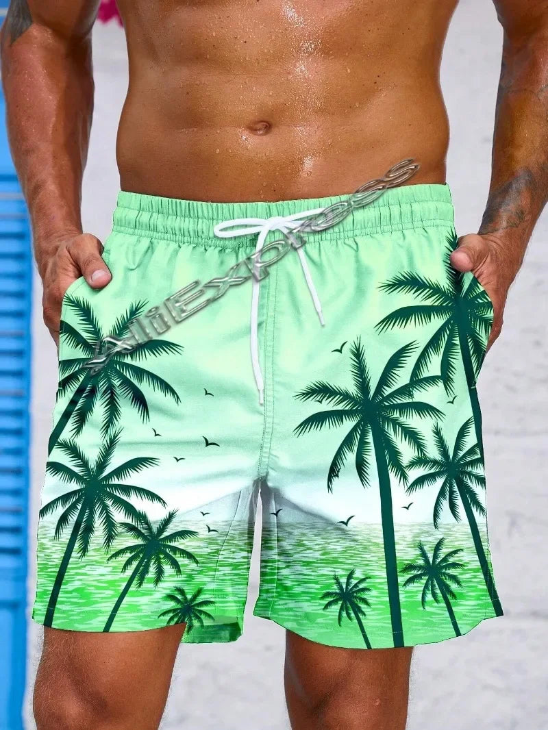 Summer New Harajuku 3D Cocoanut Trees Printing Beach Shorts Palm Tree Graphic Board Shorts for Men Hawaiian Cool Swimming Trunks