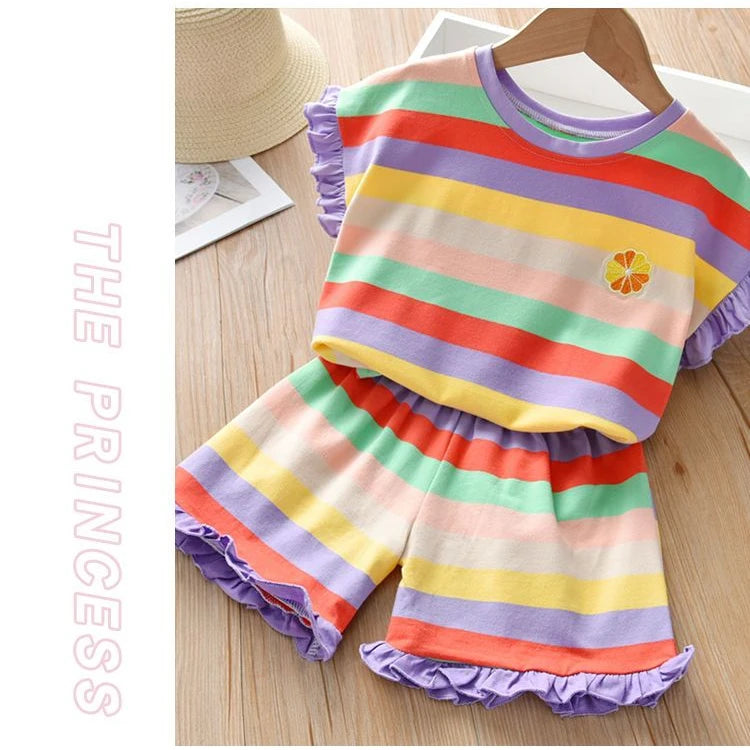 Children's Clothing Sets Floral Embroidery Short Sleeve Lace Top + Striped Printed Shorts 2pcs Sets Kids Clothes for Girls